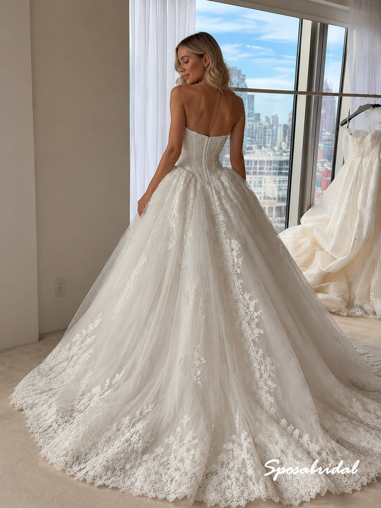 Strapless Backless Lace Ball Gown Wedding Dress, Voluminous Cathedral Train Bridal Gown, WD3156