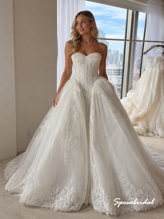 Strapless Backless Lace Ball Gown Wedding Dress, Voluminous Cathedral Train Bridal Gown, WD3156