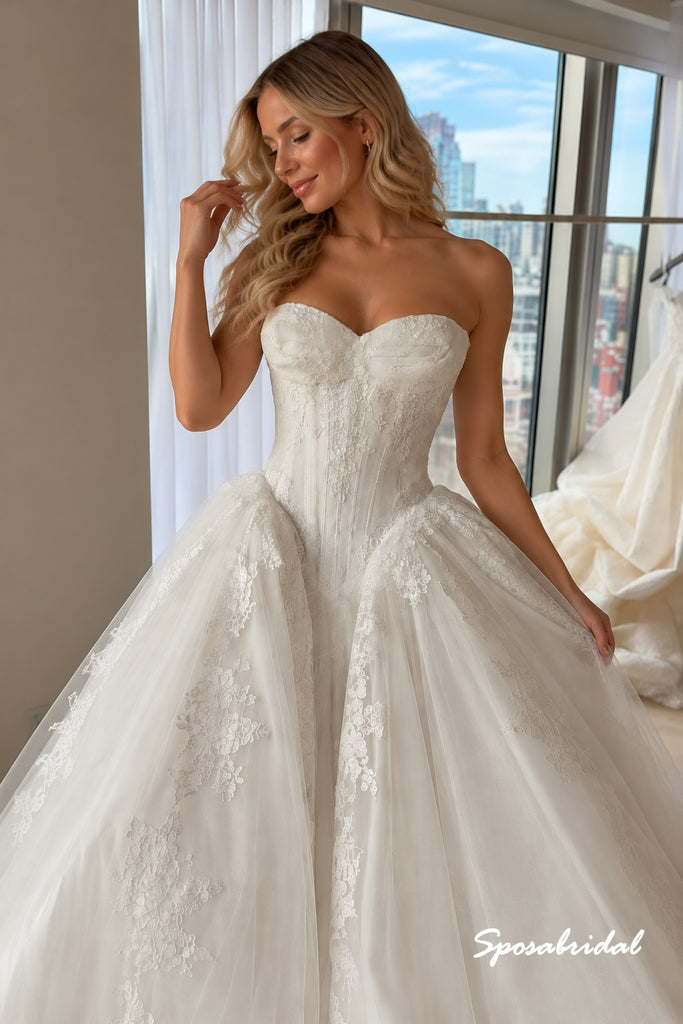 Strapless Backless Lace Ball Gown Wedding Dress, Voluminous Cathedral Train Bridal Gown, WD3156