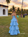 Sky Blue Strapless Satin A-Line Gown, Tiered Ruffle Skirt Formal Prom Evening Dress, PD4368