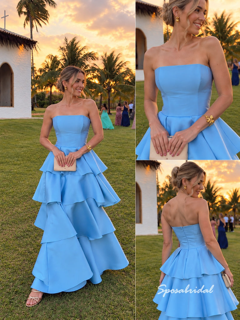 Sky Blue Strapless Satin A-Line Gown, Tiered Ruffle Skirt Formal Prom Evening Dress, PD4368