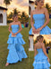 Sky Blue Strapless Satin A-Line Gown, Tiered Ruffle Skirt Formal Prom Evening Dress, PD4368