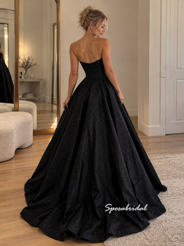 Strapless Bow Sparkle Tulle Evening Dress, Black Ball Gown Formal Gown, PD4381