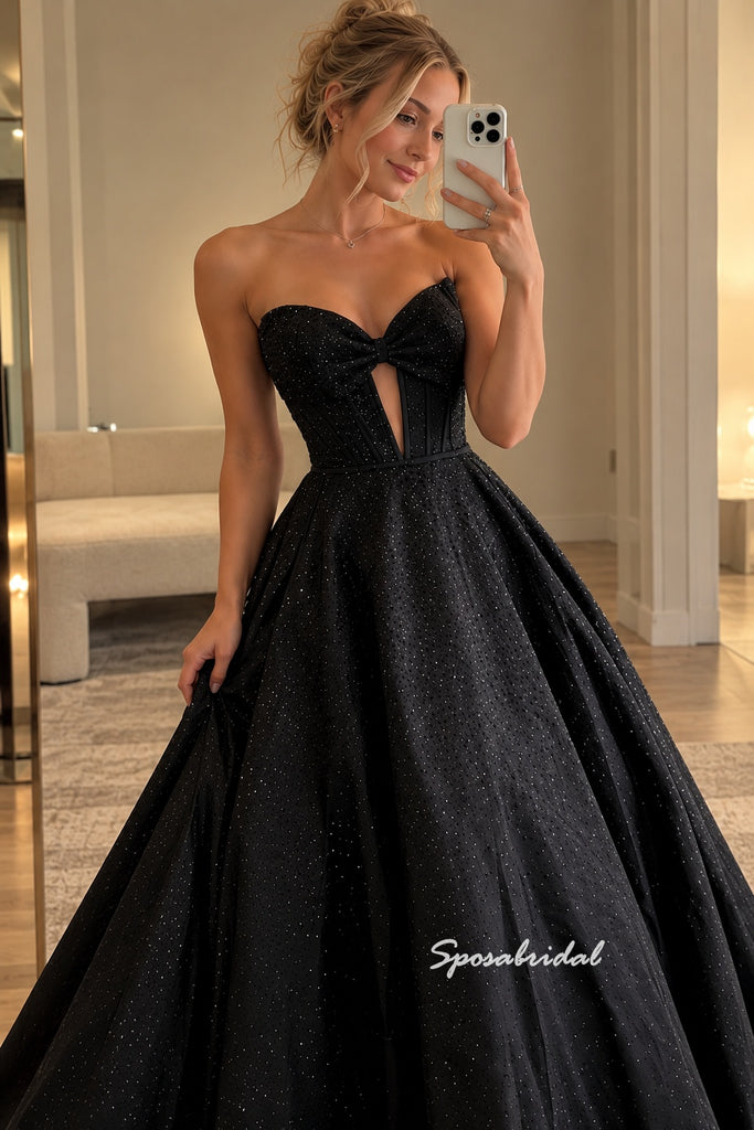 Strapless Bow Sparkle Tulle Evening Dress, Black Ball Gown Formal Gown, PD4381