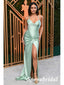 Sexy Soft Satin Spaghetti Straps V-Neck Side Slit Mermaid Long Prom Dresses, PD3782