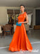 Sexy Orange Satin One Shoulder Sleeveless A-Line Long Prom Dresses, PD3877