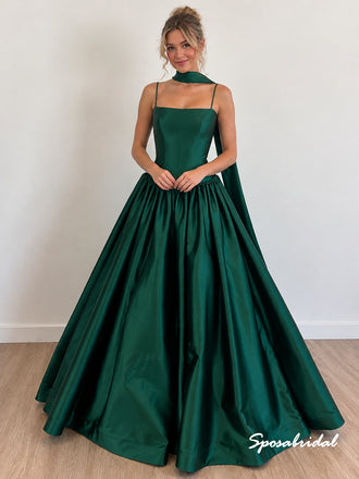 Emerald Green Satin Ball Gown Evening Dress, Spaghetti Strap Formal Gown, PD4385