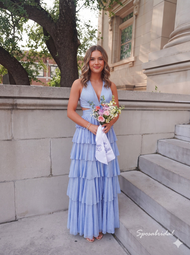 Halter Light Blue Glitter Tulle Prom Dress, Deep V Cutout Tiered Ruffle Formal Evening Gown,PD4362