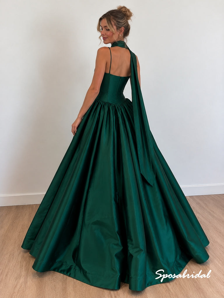 Emerald Green Satin Ball Gown Evening Dress, Spaghetti Strap Formal Gown, PD4385