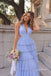 Halter Light Blue Glitter Tulle Prom Dress, Deep V Cutout Tiered Ruffle Formal Evening Gown,PD4362