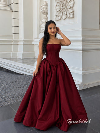 Strapless Corset Burgundy Taffeta Ball Gown, Simple Formal Prom Evening Dress, PD4375