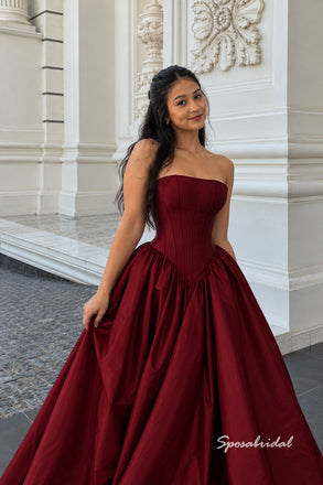 Strapless Corset Burgundy Taffeta Ball Gown, Simple Formal Prom Evening Dress, PD4375