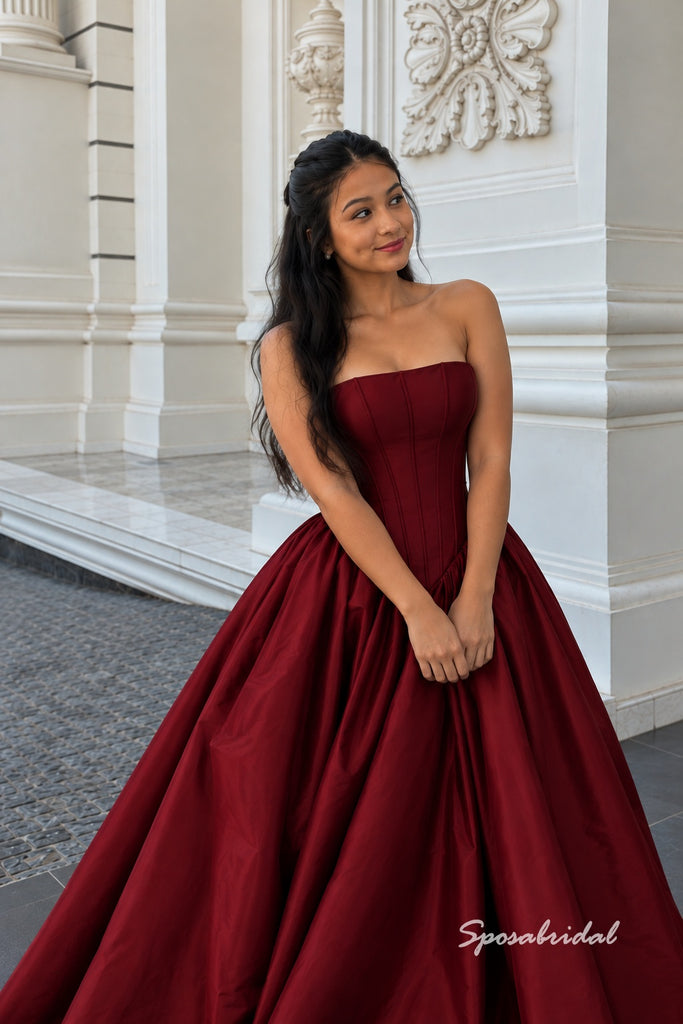 Strapless Corset Burgundy Taffeta Ball Gown, Simple Formal Prom Evening Dress, PD4375