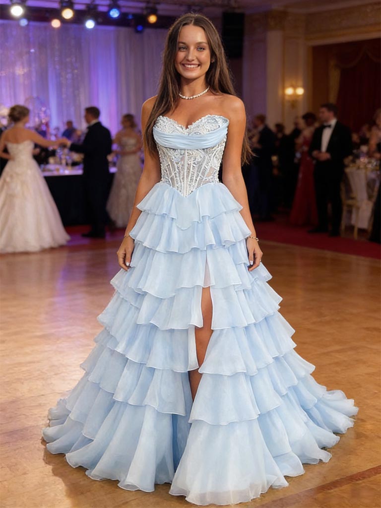 Sexy Light-Blue Chiffon Sweetheart Boning Pleated A-Line Floor Length Prom Dress With Split, PD4110