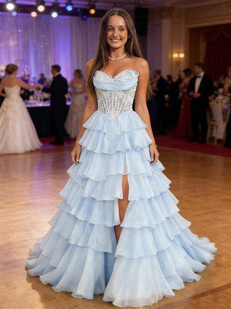 Sexy Light-Blue Chiffon Sweetheart Boning Pleated A-Line Floor Length Prom Dress With Split, PD4110