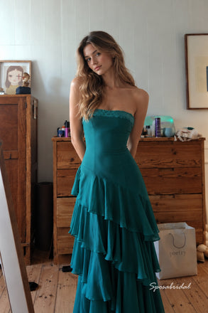 Strapless Emerald Green Chiffon Prom Dress, Lace Back Asymmetrical Ruffle Formal Evening Gown,PD4363