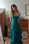Strapless Emerald Green Chiffon Prom Dress, Lace Back Asymmetrical Ruffle Formal Evening Gown,PD4363