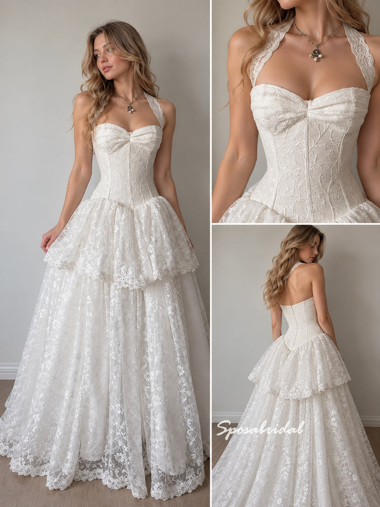 Halter Sweetheart Bow Floral Lace Wedding Dress, Tiered Ball Gown Bridal Gown, WD3153