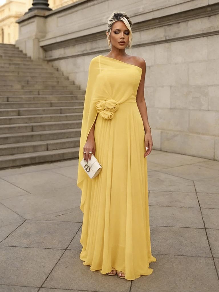 Sweet Chiffon One Shoulder A-Line Maxi Prom Dress, PD4048