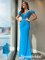 Sexy Blue Cold Shoulder V-Neck Sleeveless Mermaid Long Prom Dresses With Beading, PD3931