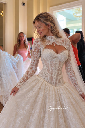 High Neck Cutout Long Sleeve Lace Wedding Dress, Voluminous Ball Gown Bridal Gown, WD3155
