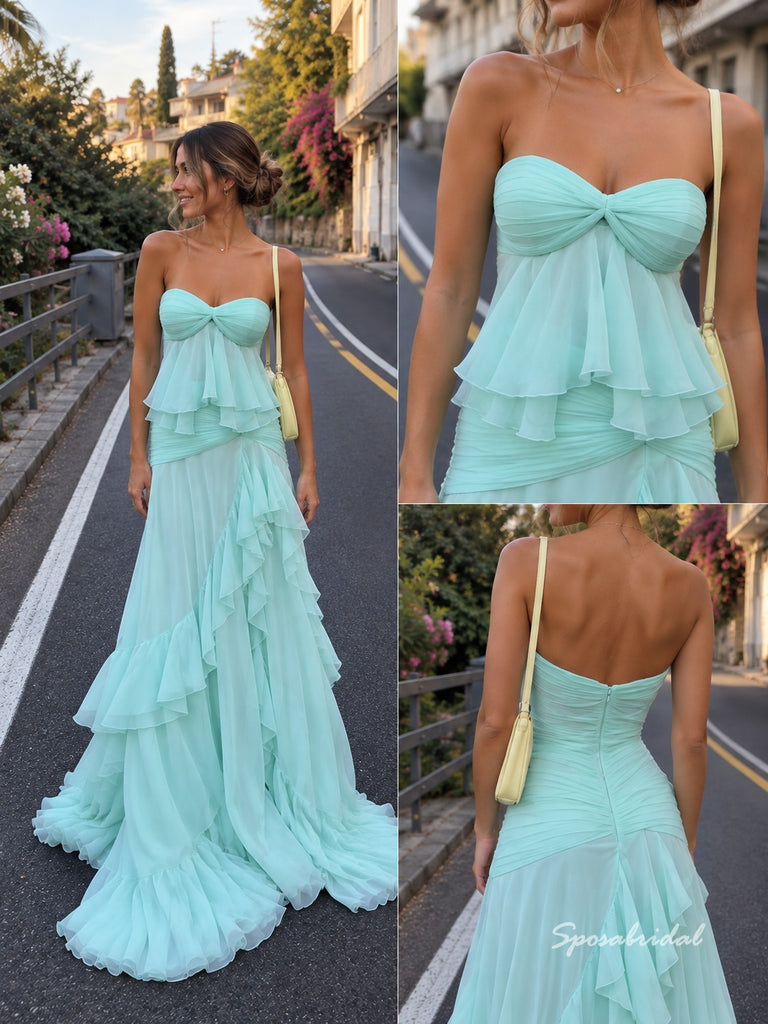 Strapless Mint Green Chiffon Prom Dress, Twist Bust Ruffled High Low Formal Evening Gown,PD4364