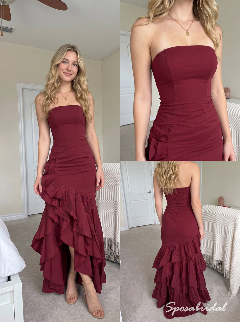 Burgundy Strapless Ruffled High Low Dress, Ruched Floor Length Formal Gown,PD4343