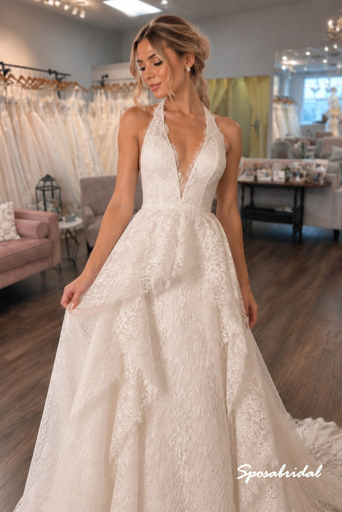 Halter Deep V Lace A Line Wedding Dress, Open Back Bridal Gown, WD3157