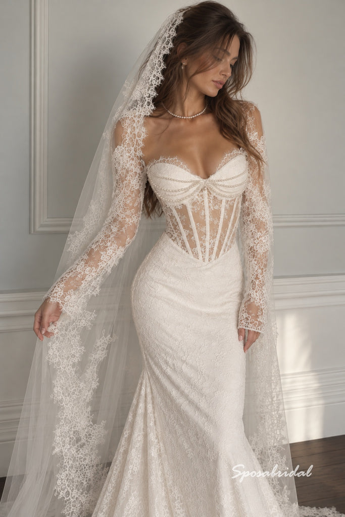 Sweetheart Sheer Corset Lace Mermaid Wedding Dress, Long Lace Sleeve Bridal Gown, WD3149