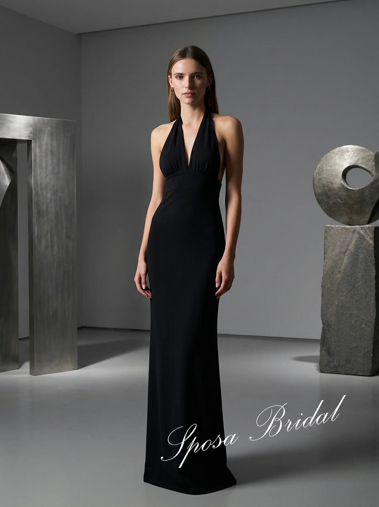 Sexy Black Jersey Halter Sleeveless Open Back Mermaid Prom Dress, PD4064