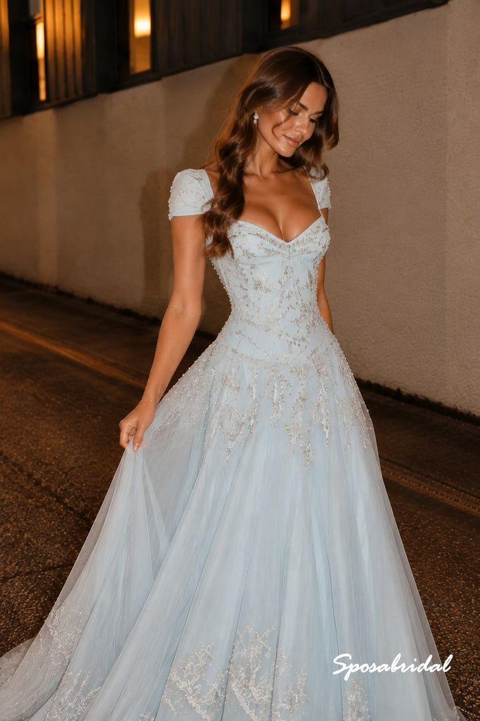 Light Blue Beaded Tulle A Line Evening Dress, Sweetheart Cap Sleeve Formal Gown, PD4387