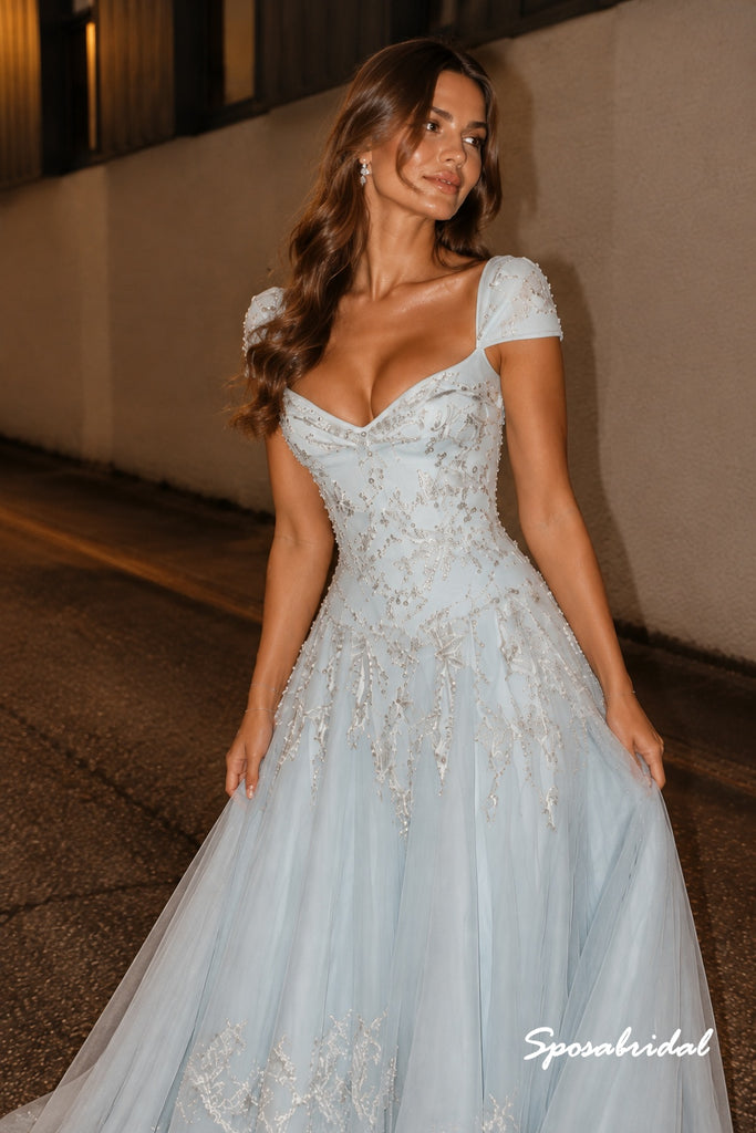 Light Blue Beaded Tulle A Line Evening Dress, Sweetheart Cap Sleeve Formal Gown, PD4387