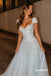 Light Blue Beaded Tulle A Line Evening Dress, Sweetheart Cap Sleeve Formal Gown, PD4387