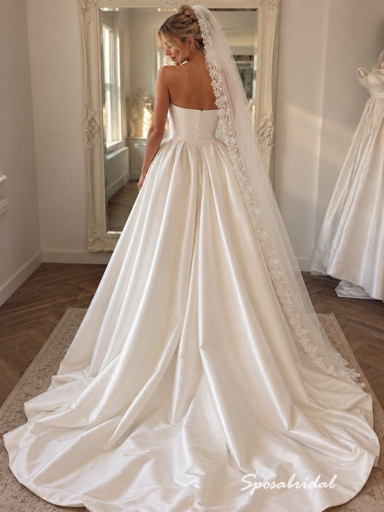 Strapless Draped Satin Wedding Dress, Corset Button Back A-Line Bridal Gown, WD3143