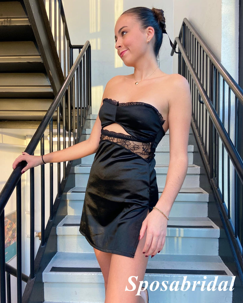 Sexy Black Soft Satin Sweetheart Sleeveless Sheath Mini Dresses/ Homecoming Dresses With Lace, PD3618