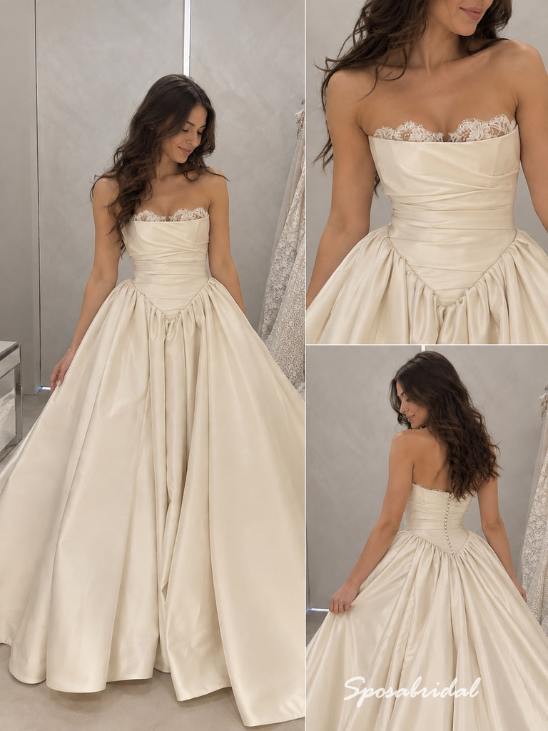 Strapless  Satin Wedding Dress, Lace Trim Corset Ballgown Bridal Gown, WD3144