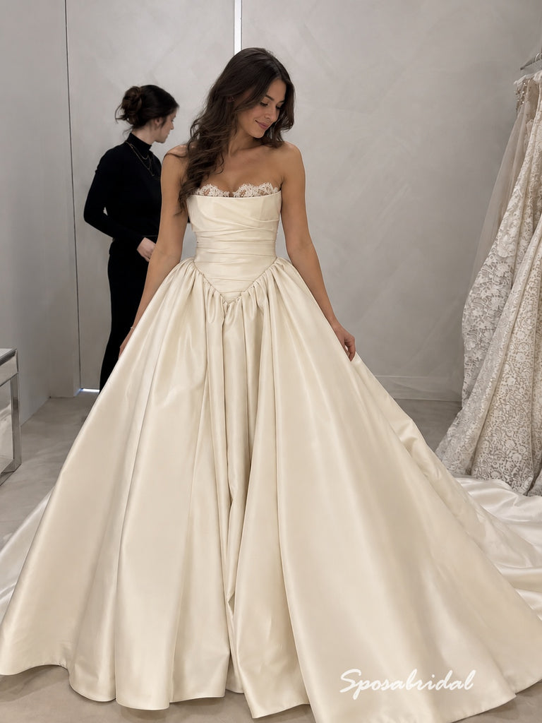 Strapless  Satin Wedding Dress, Lace Trim Corset Ballgown Bridal Gown, WD3144