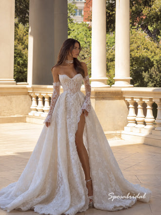 trapless Detachable Lace Sleeve Wedding Dress, Lace Slit Overskirt Bridal Gown, WD3150