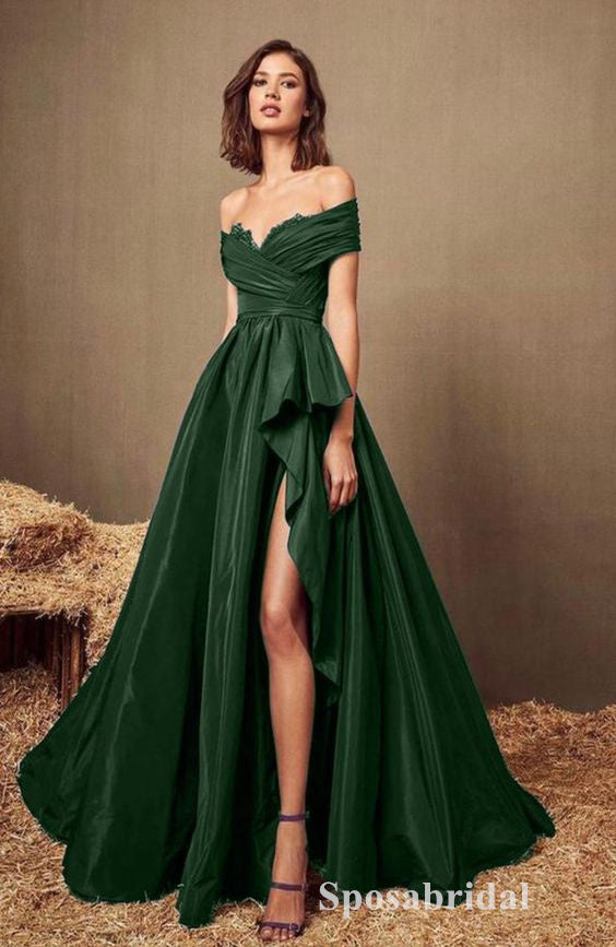 Sexy Satin Off Shoulder V-Neck Sleeveless Side Slit A-Line Long Prom Dresses,PD3708