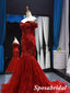 Elegant Red Tulle And Lace Off Shoulder Sleeveless Mermaid Long Prom Dress Formal Party Dress, PD3990