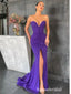 Sexy Satin Sweetheart V-Neck Sleeveless Side Slit Mermaid Long Prom Dresses,PD3717