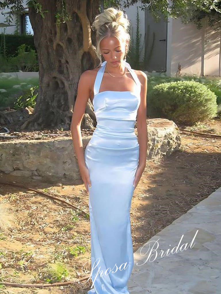 Sexy Soft Satin Halter Sleeveless Mermaid Floor Length Prom Dress With Split, PD4077