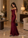 Burgundy Off Shoulder 3D Floral Satin Evening Dress, Corset Ruched Floor Length Mermaid Gown,PD4348