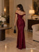 Burgundy Off Shoulder 3D Floral Satin Evening Dress, Corset Ruched Floor Length Mermaid Gown,PD4348