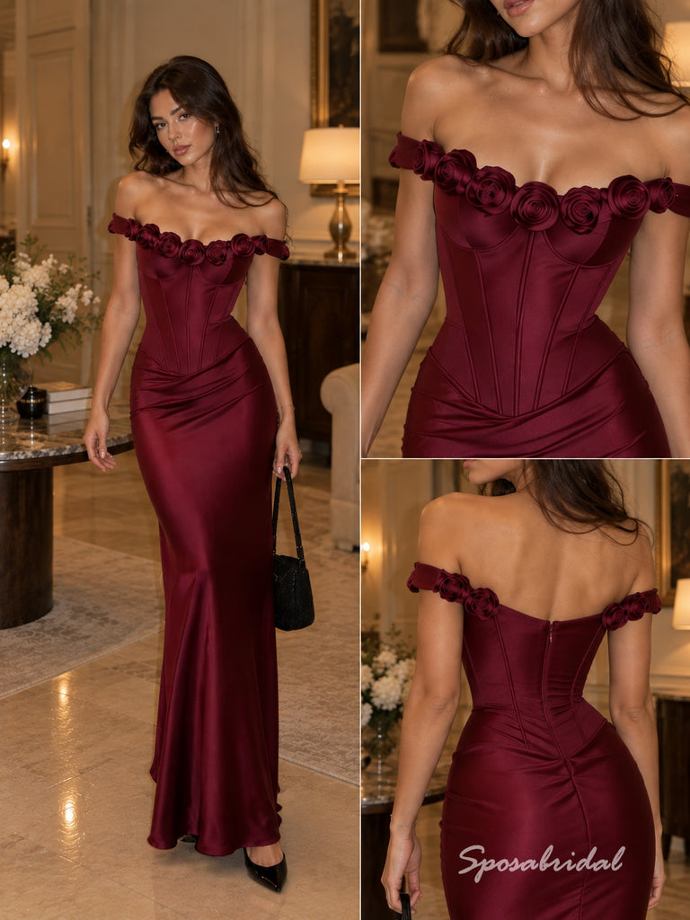 Burgundy Off Shoulder 3D Floral Satin Evening Dress, Corset Ruched Floor Length Mermaid Gown,PD4348