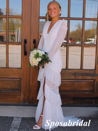 Sexy V-Neck Long Sleeves Open Back Side Slit Mermaid Long Prom Dresses, PD3936