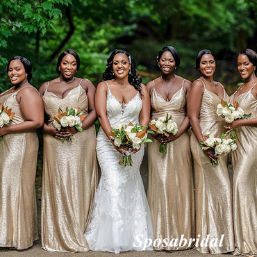 Sexy Shiny Special Fabric Spaghetti Straps V-Neck Sleeveless Mermaid Floor Length Bridesmaid Dresses, BD3333