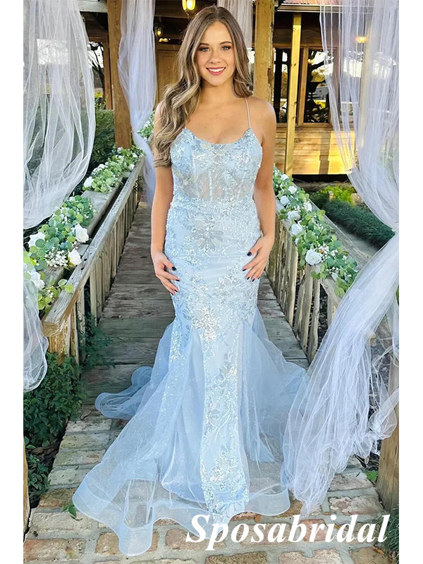 Sexy Blue Tulle And Lace Spaghetti Straps Lace Up Back Mermaid Long Prom Dresses, PD3827