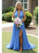 Flowy Sky Blue Halter Pleated Chiffon Dress | High Slit Backless Formal Evening Gown, PD4175