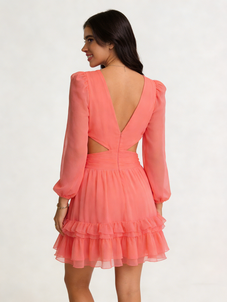 Sweet Chiffon Long Sleeves Ruffles A-Line Mini Dresses/ Homecoming Dresses, PD3669